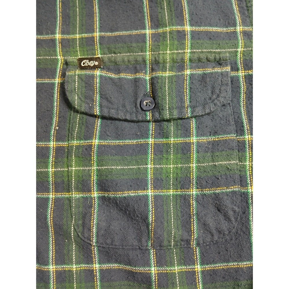 Obey Worldwide Mens Navy Green Plaid Flannel Button Down Shirt Size M Cotton - Picture 4 of 8